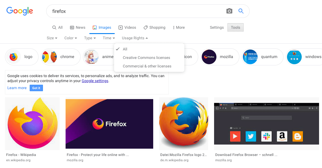 Résultats de recherche filtrés pour obtenir des images sous licence Creative Commons sur Google Images