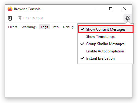 Menu de la console du navigateur avec l'option Afficher les messages de contenu