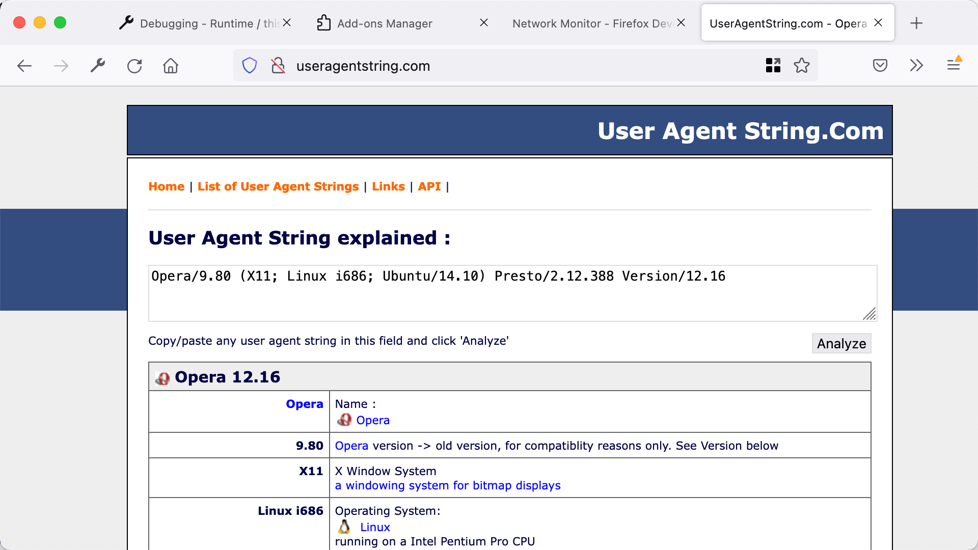 useragentstring.com affichant les détails de la chaîne d'agent utilisateur modifiée