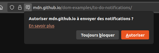 Une boîte de dialogue demandant la permission d'envoyer des notifications depuis cette origine. Deux options sont présentes : toujours bloquer d'une part et autoriser d'autre part.