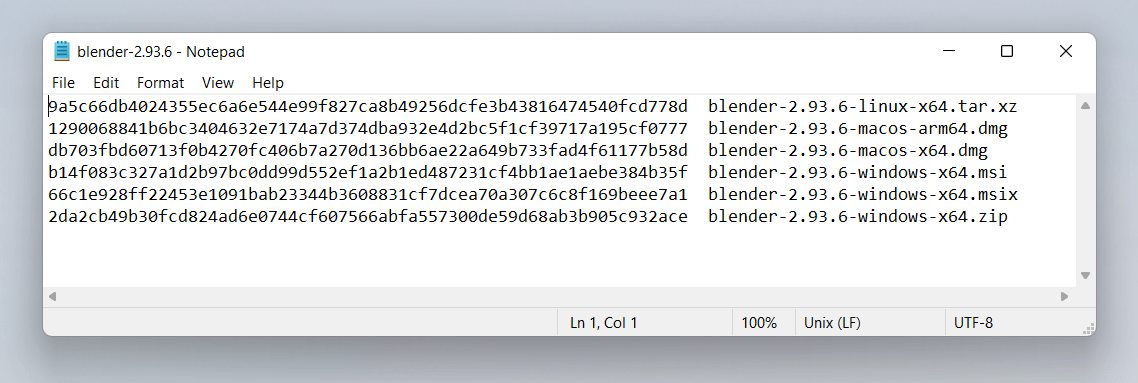 Exemples d'empreintes SHA256 pour le téléchargement du logiciel Blender. Elles ressemblent à des nombres de 32 nombres hexadécimaux suivis par un nom de fichier comme "blender.zip"
