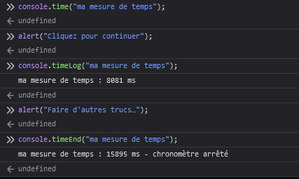 L'affichage produit par le chronomètre dans la console de Firefox