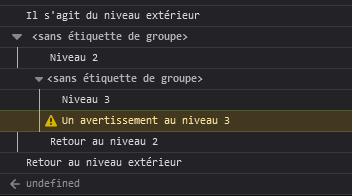 Une capture d'écran des messages imbriqués dans la sortie de la console.