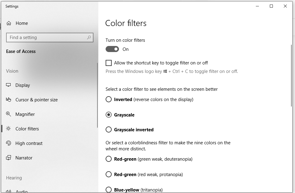 Capture d'écran des paramètres d'accessibilité de Windows 10 pour le mode niveaux de gris