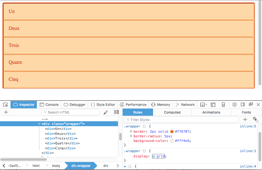 Utilisation de l'inspecteur de grille dans les outils de développement de Firefox pour observer une grille