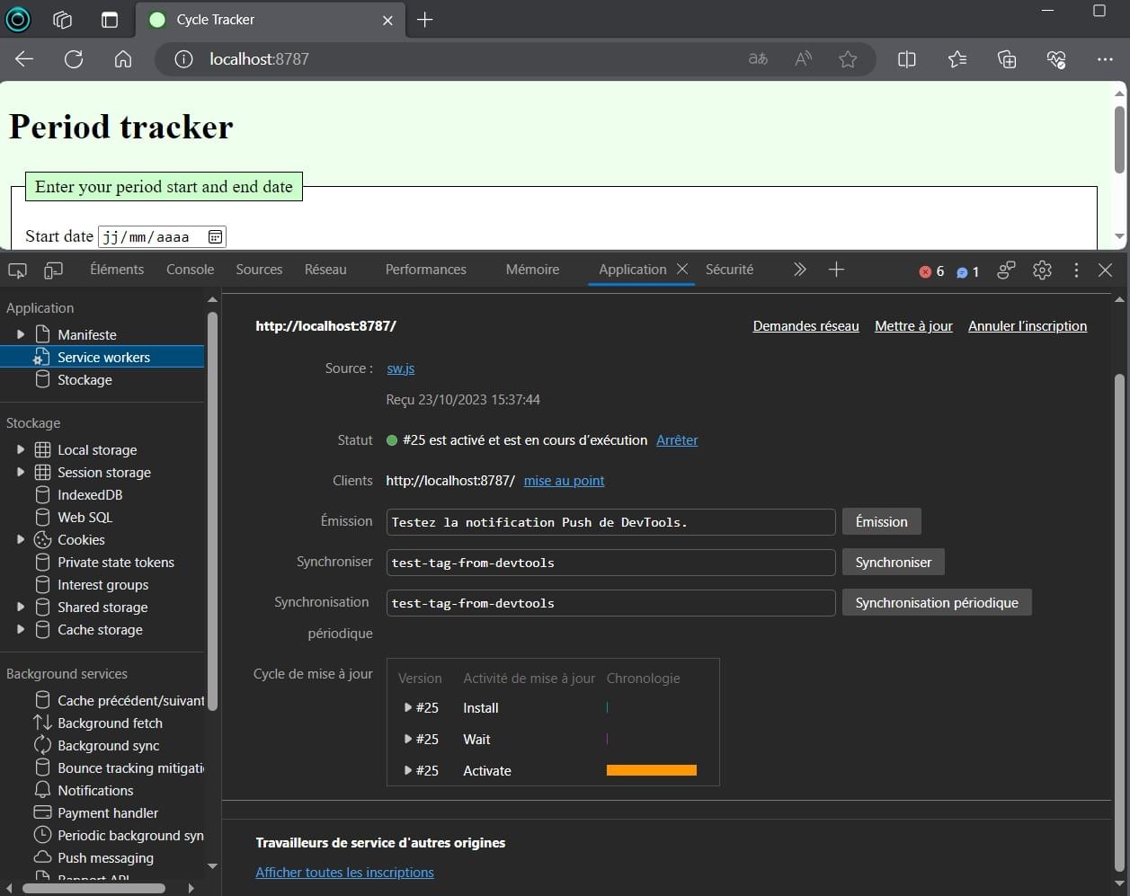 Capture d'écran des outils de développement de Edge montrant le panneau des applications dans le contexte d'un service worker