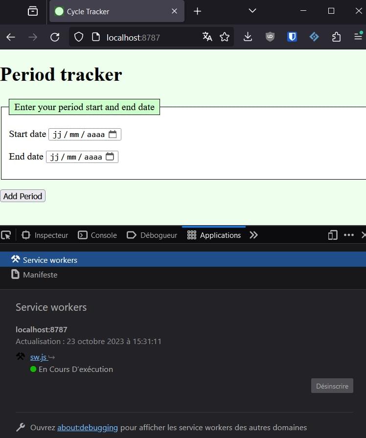 Capture d'écran du panneau Applications des outils de développement de Firefox avec un service worker arrêté et le bouton Désinscrire