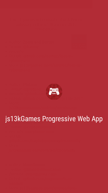 Capture d'écran de l'écran de démarrage de l'application sur un téléphone mobile. Il s'agit d'une page entièrement rouge avec le logo de l'application au milieu et son nom en dessous : « js13kGames Progressive Web App »
