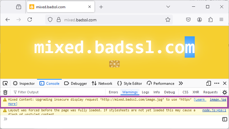 Une capture d'écran de la console avec un message d'avertissement sur le contenu mixte.