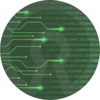 A circular graphic with the open source logo faded in the background, binary numbers overlayed with green light trails in the foreground.