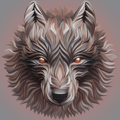 A realistic, stylized wolf head in shades of brown