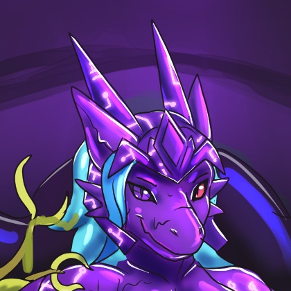A graphic of a friendly looking purple fantasy dragon with two horns, a diamond crown, and orange eyes.