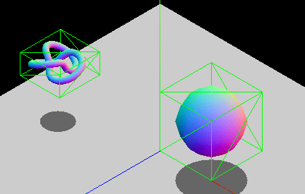 Two 3-D non-square objects floating in space encompassed by virtual rectangular boxes.