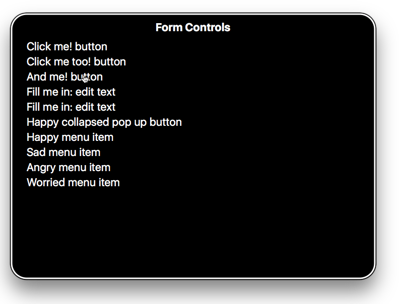 Mac の VoiceOver ソフトで掲載されているフォーム入力ラベルのリストです。このリストには、ボタン、テキストフィールド、リンクなどの様々なフォームコントロールに指定された "Happy menu item" のような無意味なラベルが含まれています。