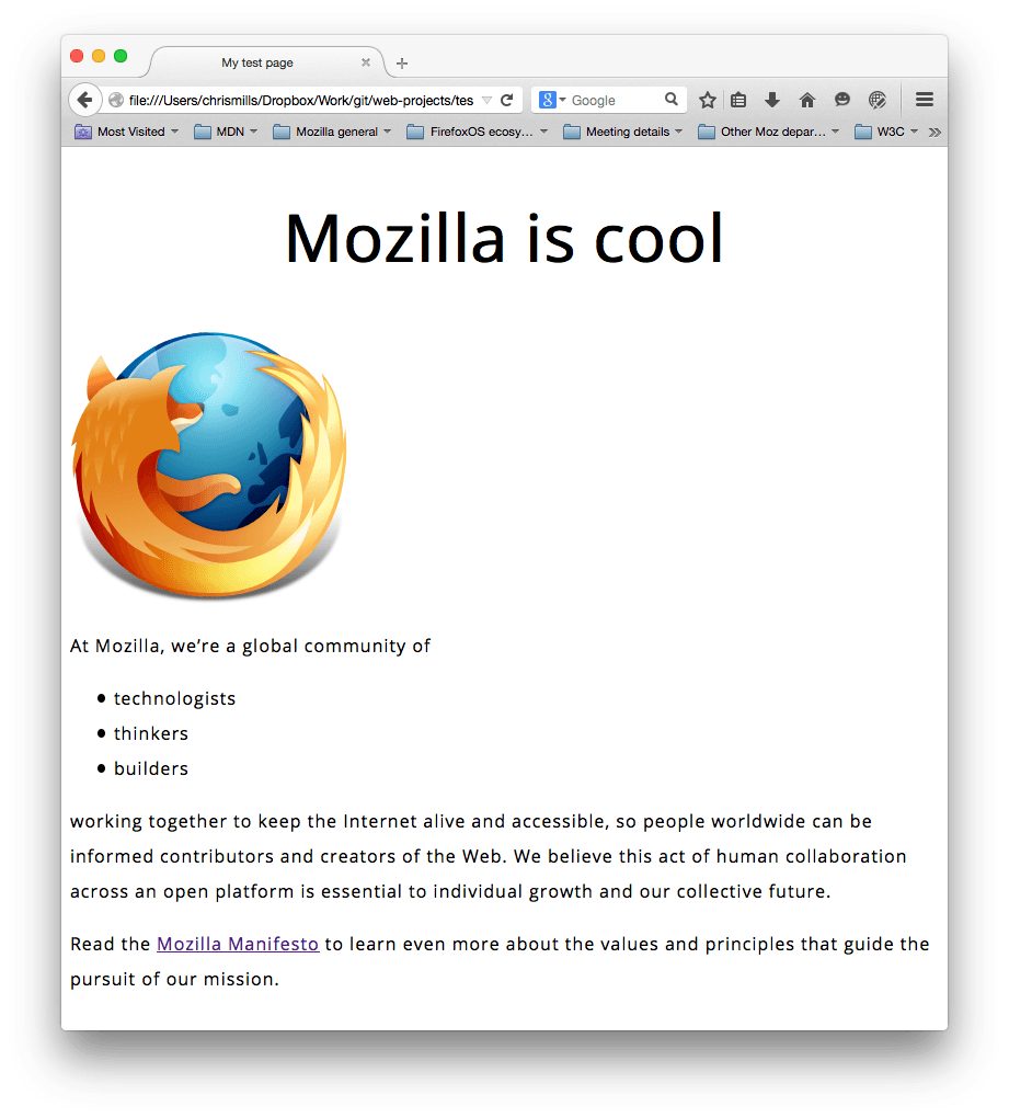Mozilla のロゴといくつかの段落。 sans-serif フォントが設定され、フォントの大きさ、行の高さ、文字の間隔が調整され、メインページの見出しが中央に配置されています。