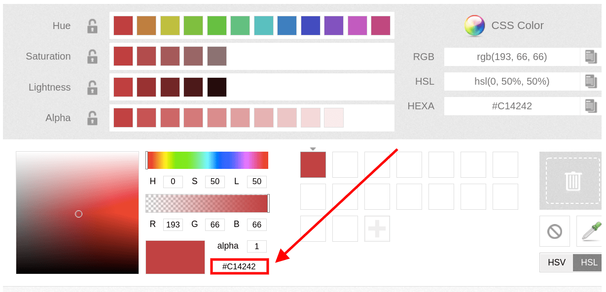 MDN Docs ウェブサイトのカラーピッカーツールで、RGB、HSL、HEX の色を利用できます