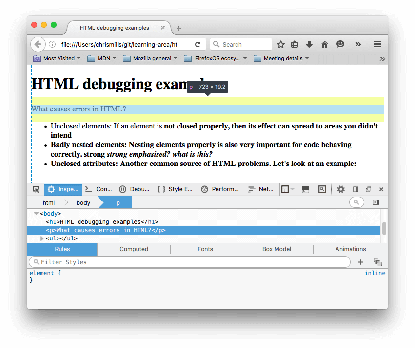 Firefox の HTML インスペクターで、例の段落がハイライトされ、 "What causes errors in HTML?" というテキストが表示されています。ここでは、段落要素がブラウザーによって閉じられていることがわかります。