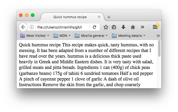 ページ上に構造化する要素がないため、書式なしのテキストが壁一面に表示されるウェブページ。