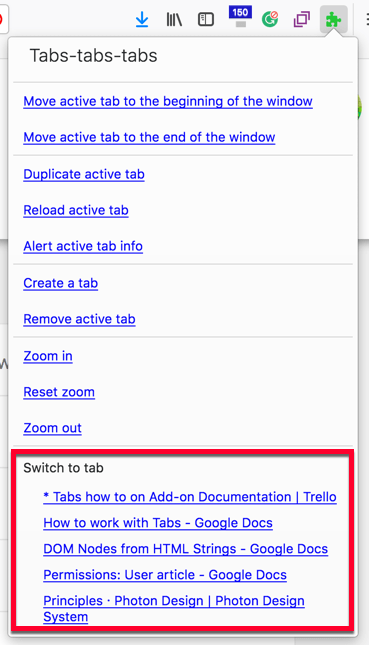 The tabs tabs tabs toolbar menu showing the switch to tap area