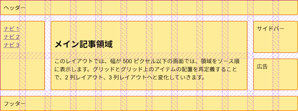 グリッドインスペクターでグリッドトラックをハイライトしたレイアウトを表示します。