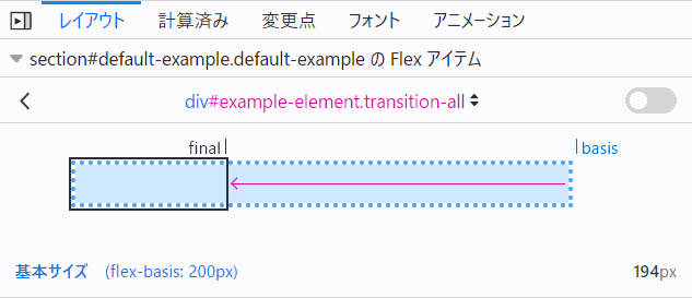 Firefox の Flexbox インスペクターでは、アイテムが縮小された後のサイズが表示されます。