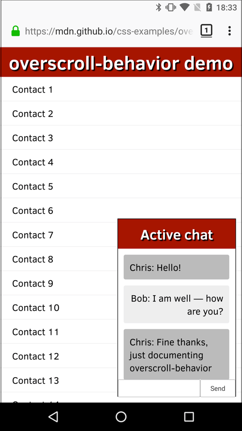 'Active chat' と題されたポップアップチャットウィンドウで、 Chris と Bob の会話が表示されています。チャットウィンドウの背後には、 'overscroll-behavior demo' と題された連絡先リストが掲載されています。