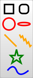 一連の 8 種類の異なる図形と描画。左上、黒い輪郭線の正方形と黒い輪郭線の角丸正方形。左下、赤い輪郭線の円、赤い輪郭線の楕円。左下には黄色の行と黄色のジグザグ。黄色の線の下記には緑の輪郭線の星、画像の最後は青の波線。