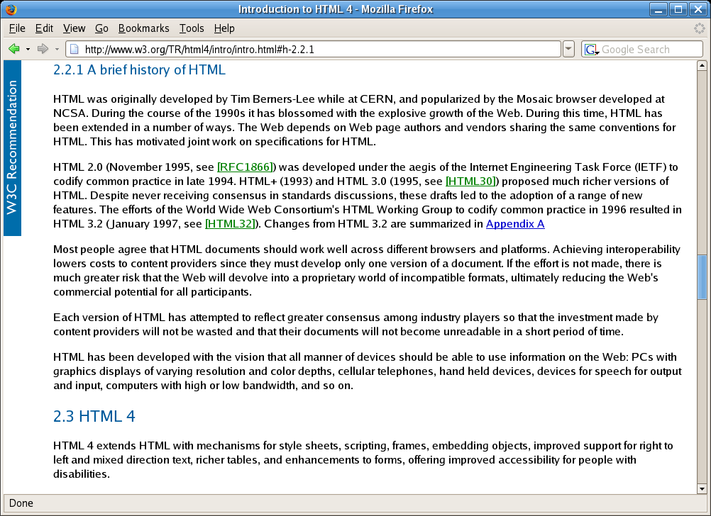 W3C HTML4 specification, showing traditional document layout