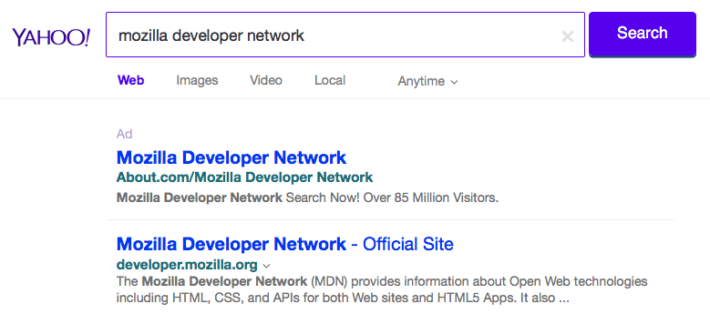 A Yahoo search result for "Mozilla Developer Network"