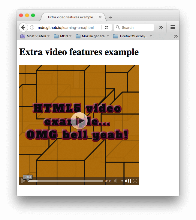A video player showing a poster image before it plays. The poster image says HTML5 video example, OMG hell yeah!