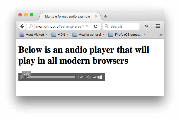 A simple audio player with a play button, timer, volume control, and progress bar