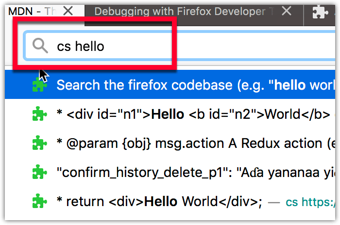 Example showing the result of the firefox_code_search WebExtension's customization of the address bar suggestions.