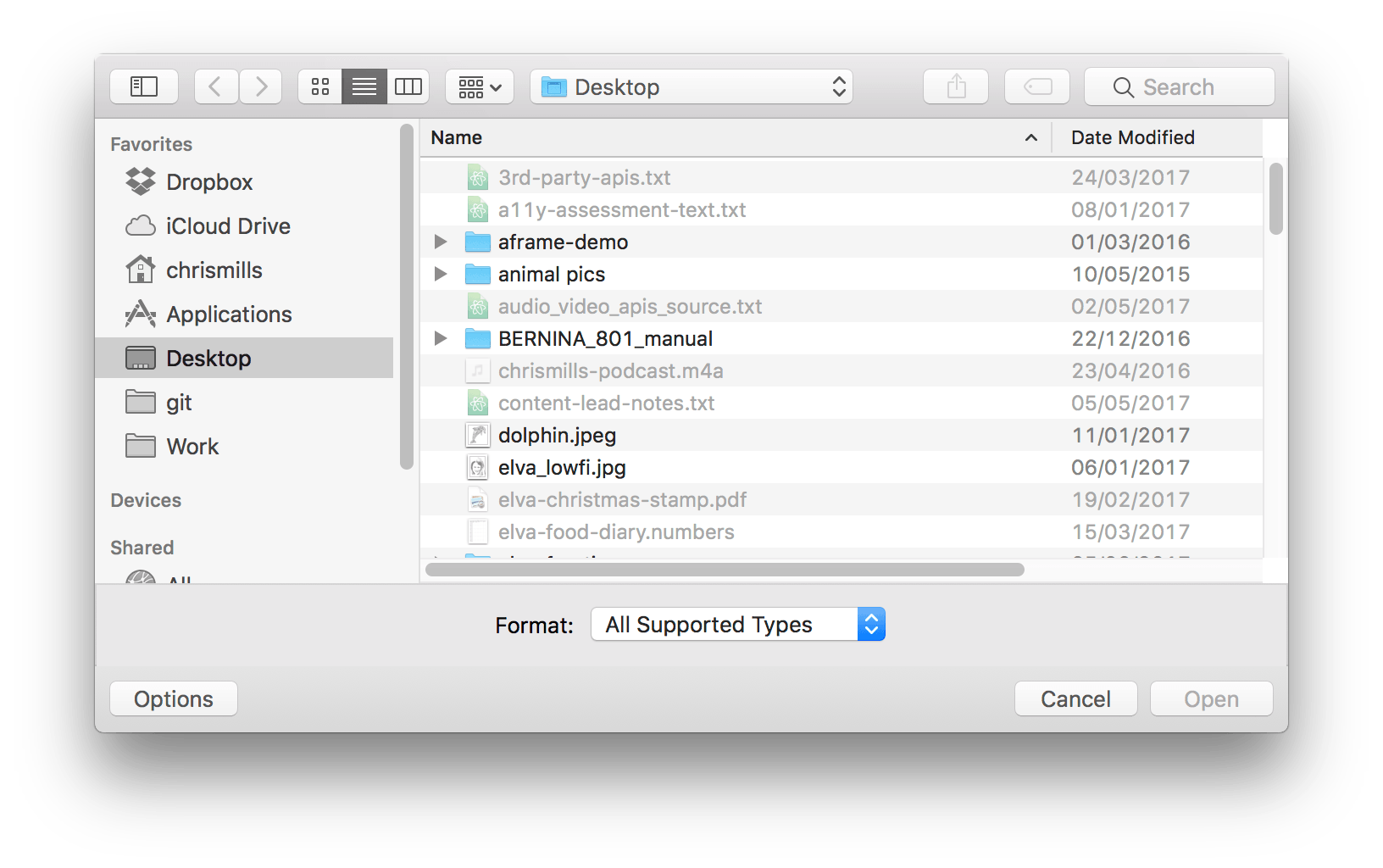 Screenshot of a macOS file picker dialog. Files other than JPEG are grayed-out and unselectable.