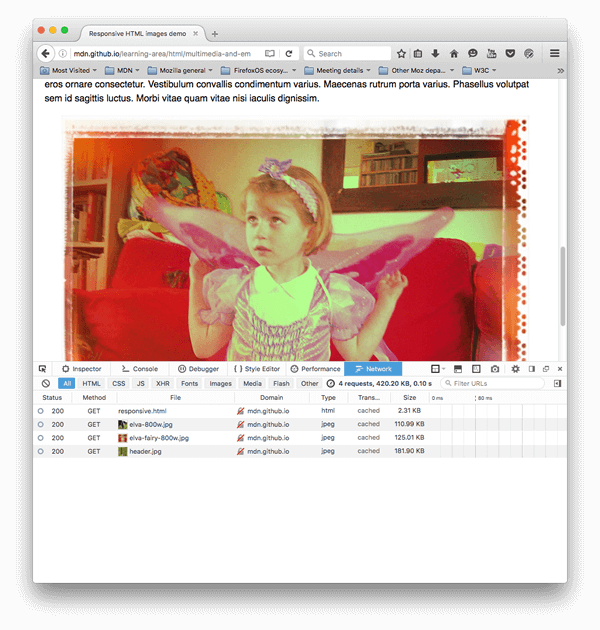 a screenshot of the network inspector in firefox devtools, showing that the HTML for the page has been downloaded, along with three images, which include the two 800 wide versions of the responsive images