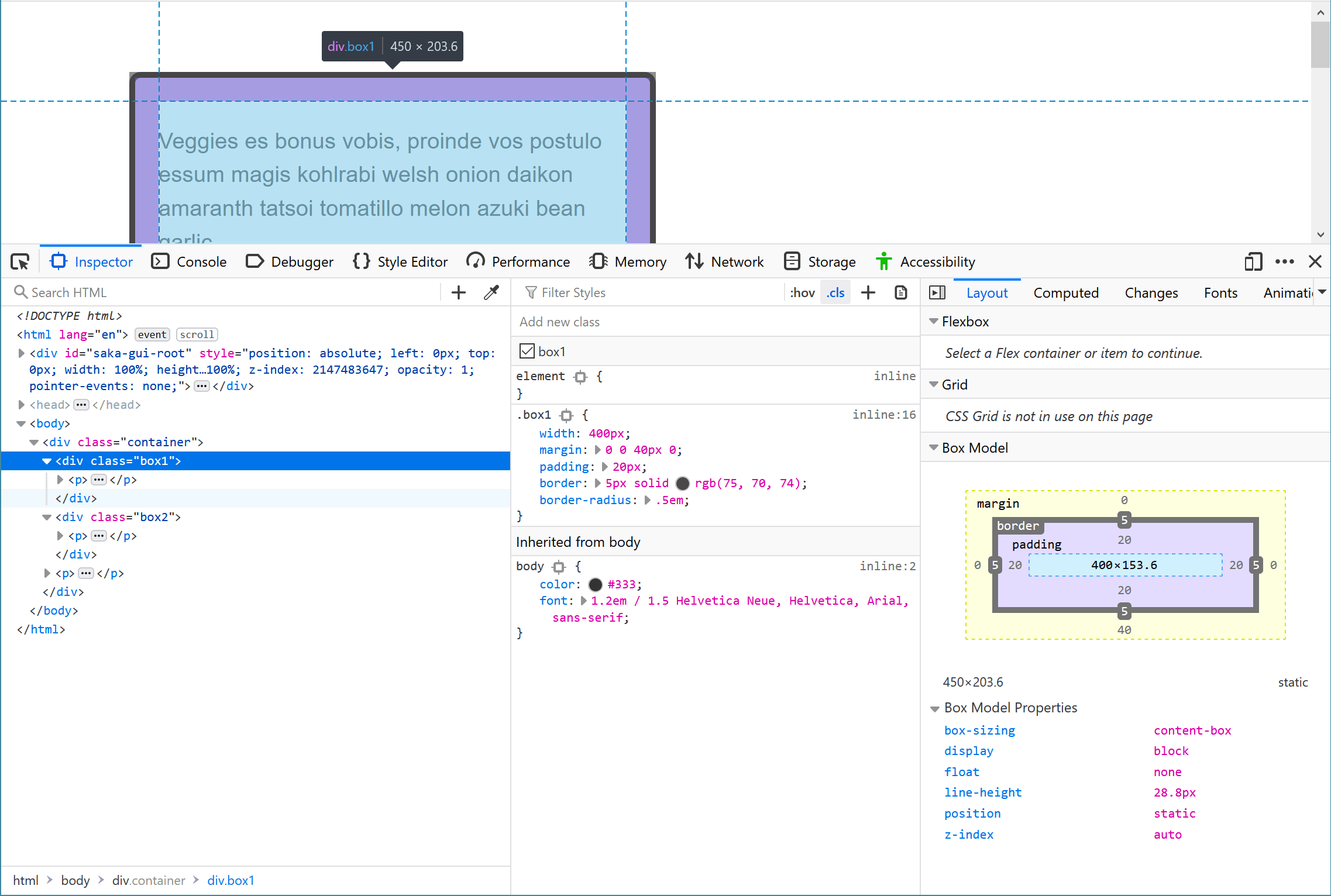 The Layout section of the DevTools