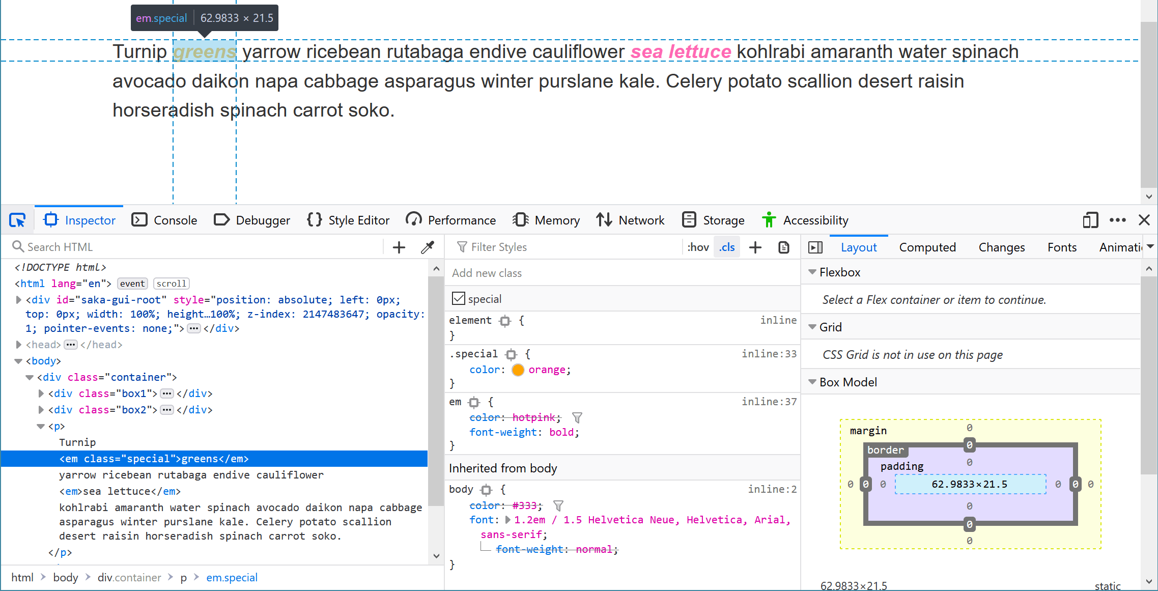 Selecting an em and looking at DevTools to see what is over-riding the color.