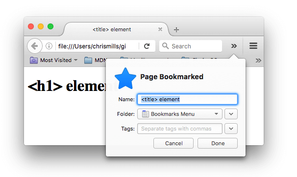 在 Firefox 浏览器中，一个网页被添加了书签；书签的名称已经自动填入了 'title' 元素的内容。