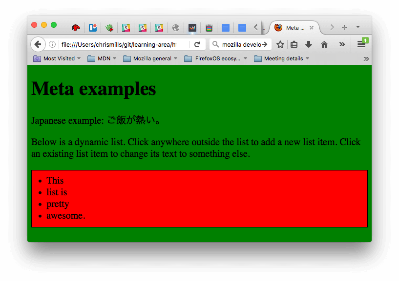 示例显示了一个应用了 CSS 和 JavaScript 的页面。CSS 使页面变成了绿色，而 JavaScript 则为页面添加了一个动态列表。