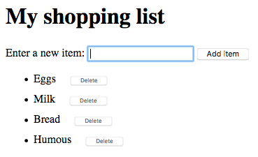 购物清单的演示布局。标题是“my shopping list”，后面是“Enter a new item”，有一个输入字段和“add item”按钮。下面是已经添加的项目的列表，每个项目都有一个相应的删除按钮