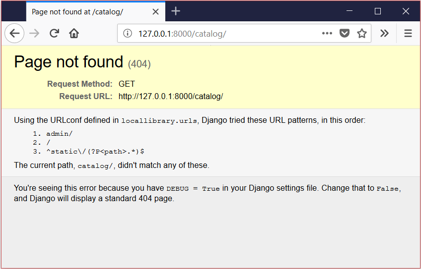 Django debug page for a 404 not found error