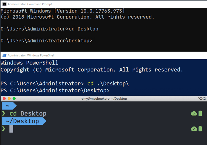 results of the cd Desktop command being run in a variety of windows terminals - the terminal location moves into the desktop