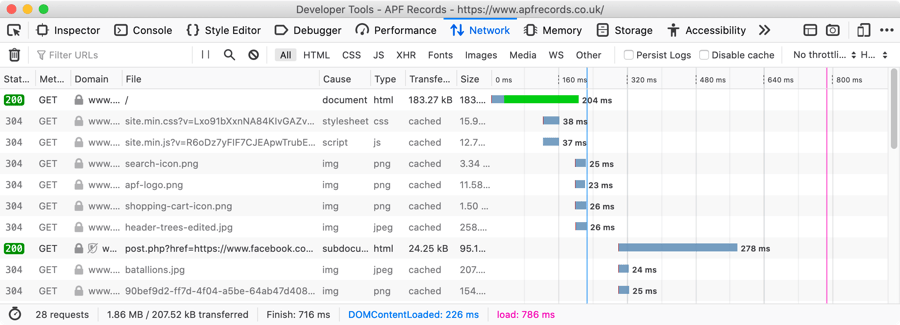 Firefox 网络监视器显示已加载的素材列表以及每个素材的加载时间