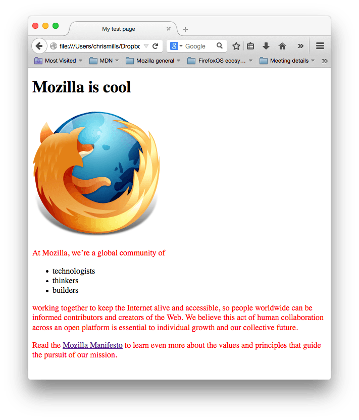 一个 Mozilla 标志和一些段落，段落文字通过 css 设置为红色