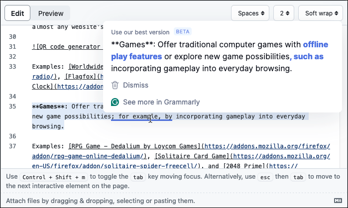 Grammarly 扩展在 GitHub 编辑器中提供编辑提示。