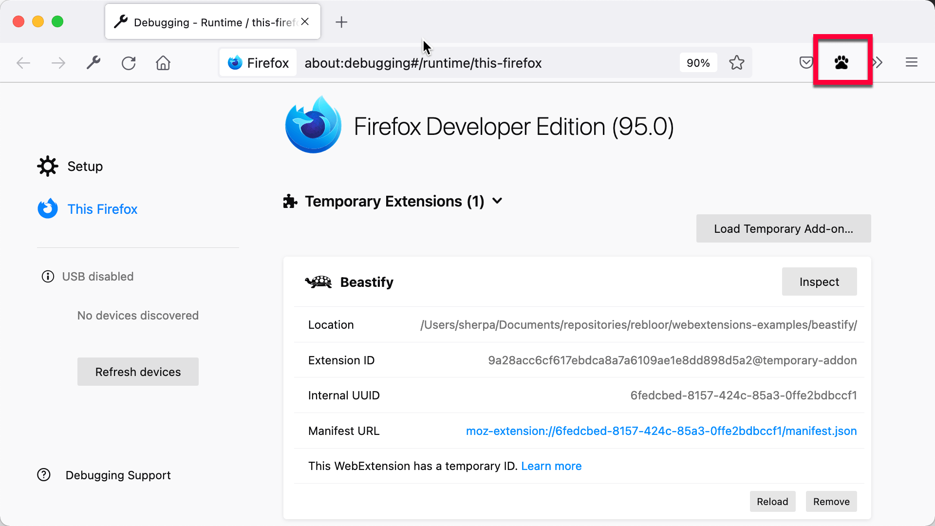 Firefox 工具栏上的 beastify 扩展图标