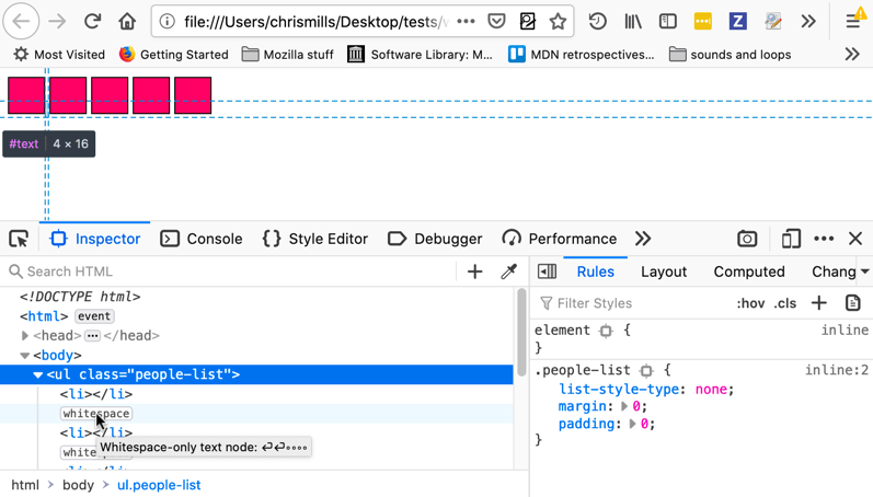 使用 Firefox 开发者工具 HTML 检查器显示块之间的空白符的示例