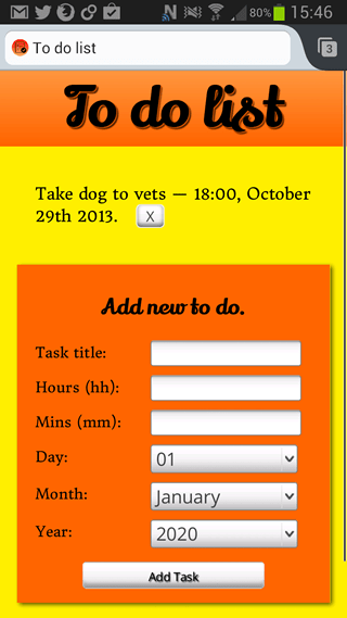 A screenshot of the sample app. A red main title saying To do app, a test to-do item, and a red form for users to enter new tasks