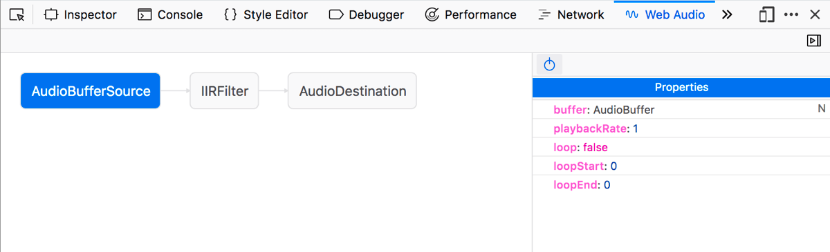 The Firefox web audio editor showing an audio graph with AudioBufferSource, IIRFilter, and AudioDestination