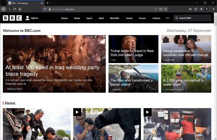 frontpage of bbc.co.uk, showing many news items, and navigation menu functionality