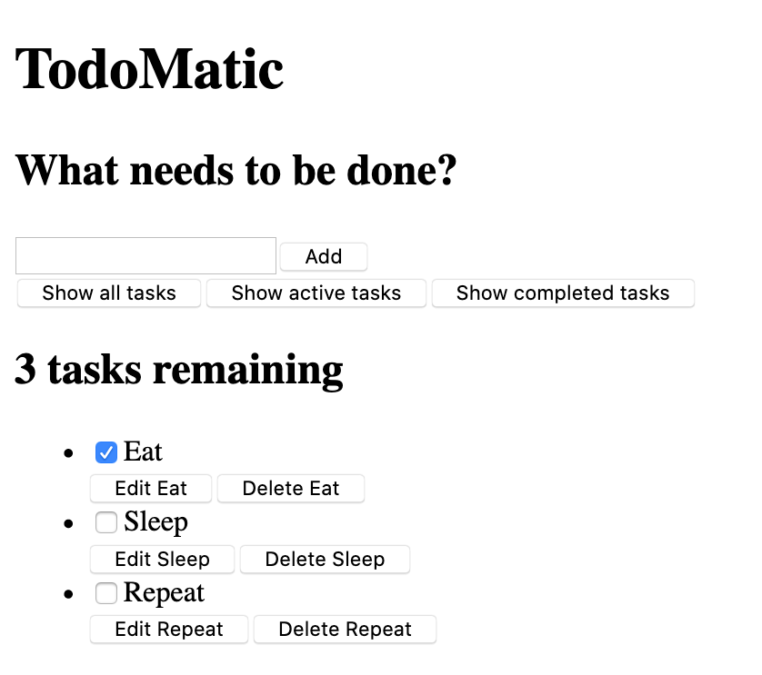todo-matic app, unstyled, showing a jumbled mess of labels, inputs, and buttons
